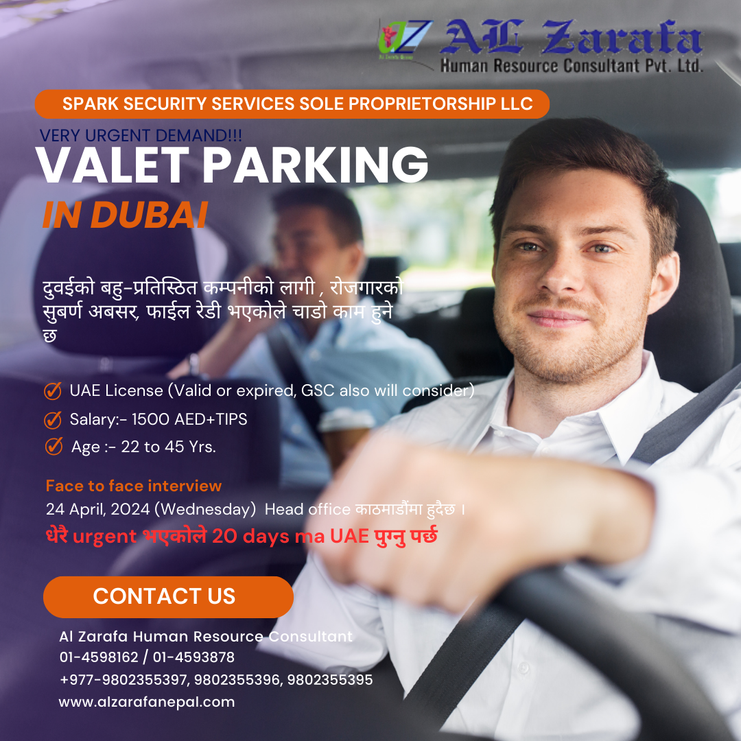 VERY URGENT DEMAND!!! - VALET PARKING Job in Dubai -50 Nos