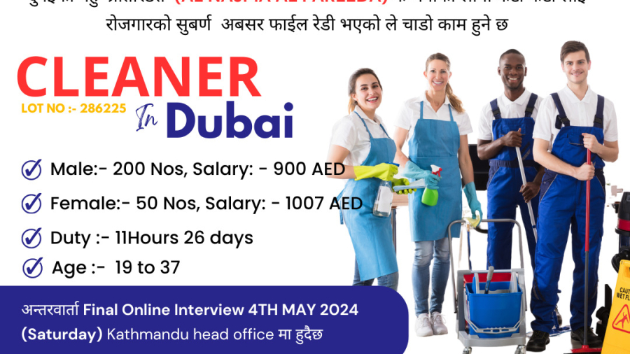VERY URGENT DEMAND!!! - CLEANER Job in Dubai -250 Nos
