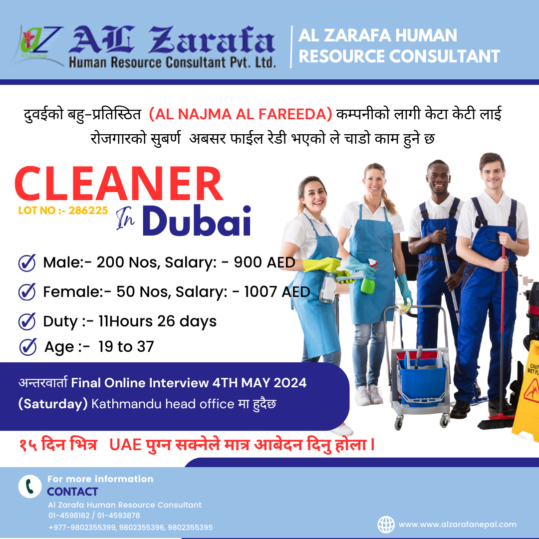 VERY URGENT DEMAND!!! - CLEANER Job in Dubai -250 Nos