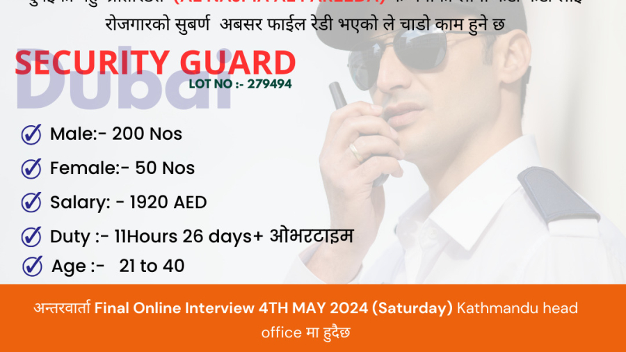 URGENT DEMAND!!! - SECURITY GUARD Job in Dubai -250 Nos