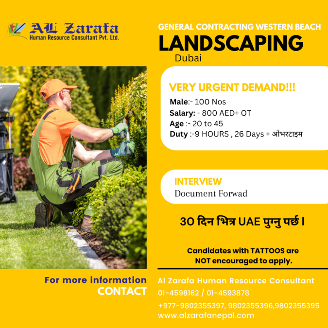 VERY URGENT DEMAND!!! - LANDSCAPING Job in Dubai -100 Nos