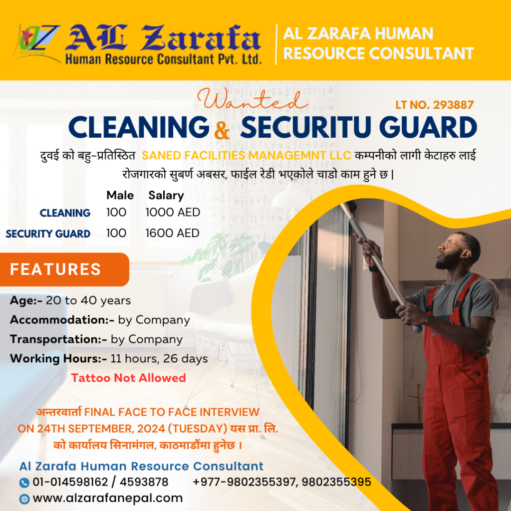 WANTED CLEANING and SECURITY GUARD In Dubai:-200 Nos-LT No. 293887